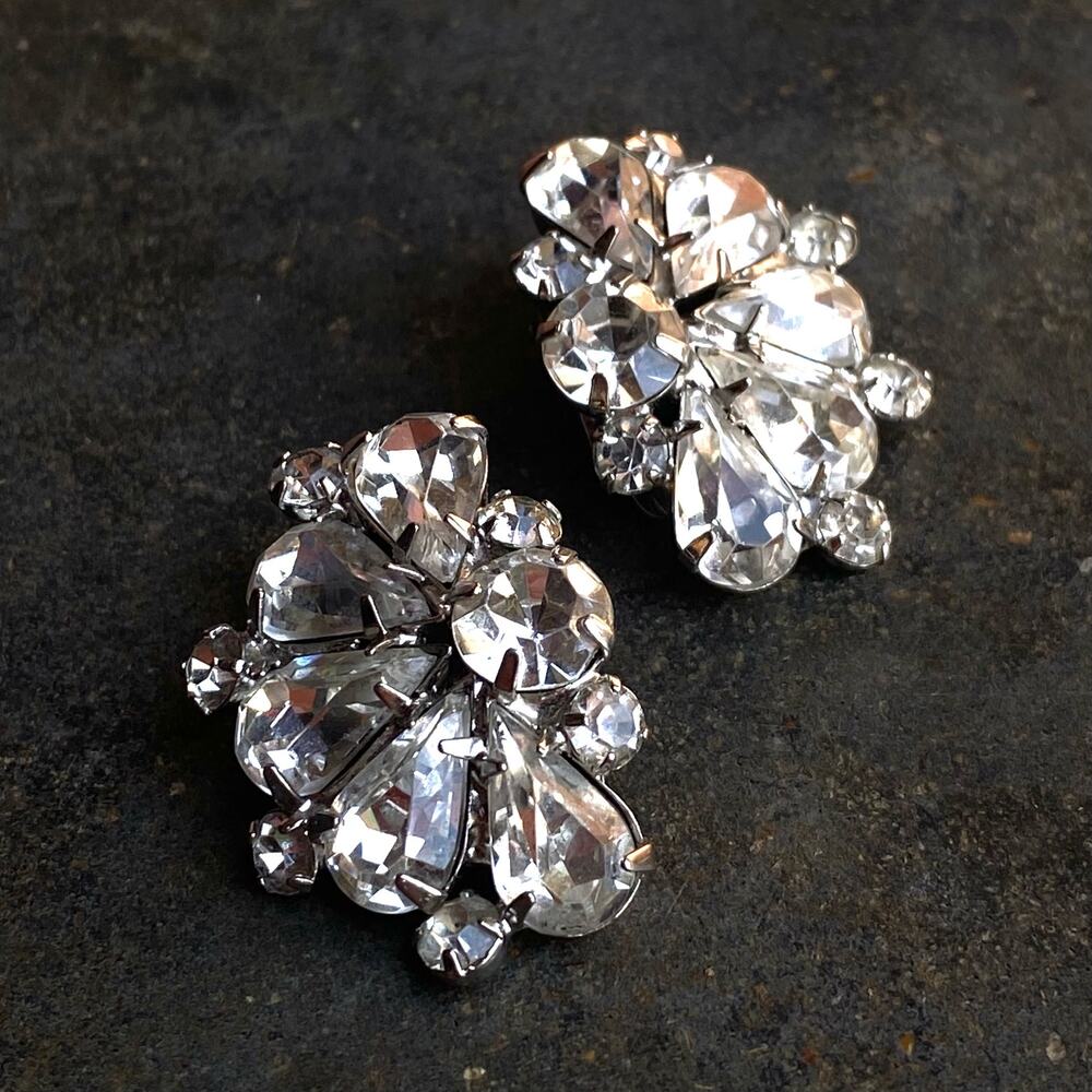 Vtg Art Deco Costume Faux Diamond Clip-on Earrings